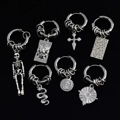 Gothic Hoop Earring with Skeleton Dangle - Image 2